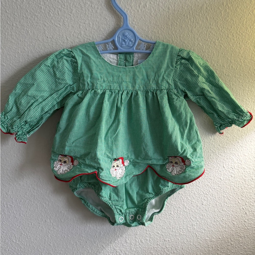 Classic Whimsy Green Gingham One Piece with Santa Appliqué Size 3 Months